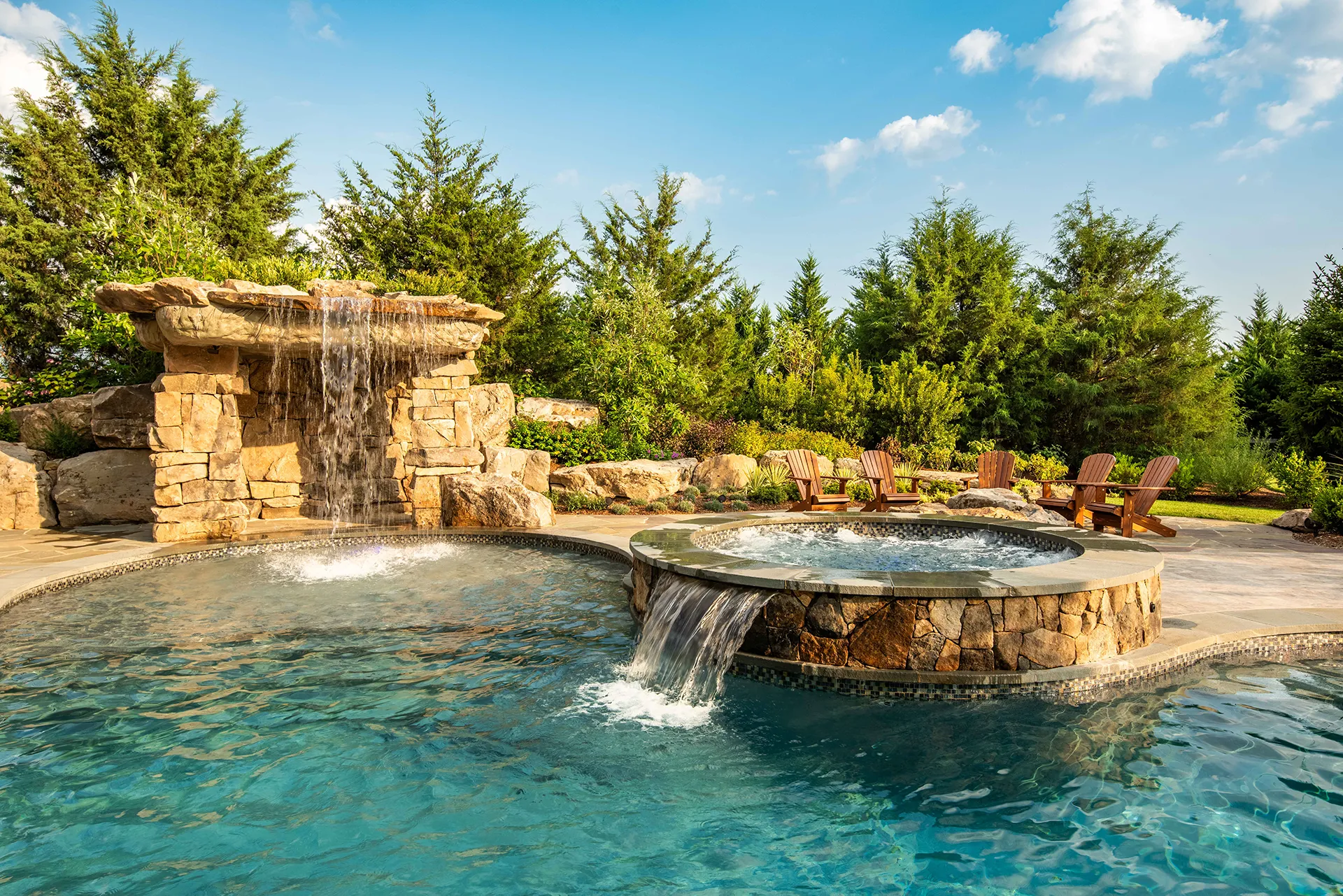 Custom landscape design with layered planting and outdoor features